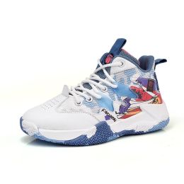 Kids Basketball Shoes Boys Breathable Non-slip Rubber Sole Kids Big Kids Fitness Sneakers Size31-40 New (Color: white blue)