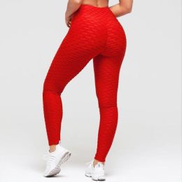 Hip-turned Folds Elastic High-waist Fitness Leggings Breathable Slim Indoor Sports (Color: Red)
