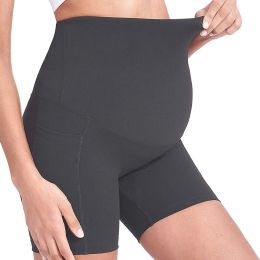 Women Maternity Shorts Seamless Pregnancy Underwear Shapewear Fitness Yoga Running Shorts High Waist Over The Belly Pants with Two Side Pockets (Color: Grey)